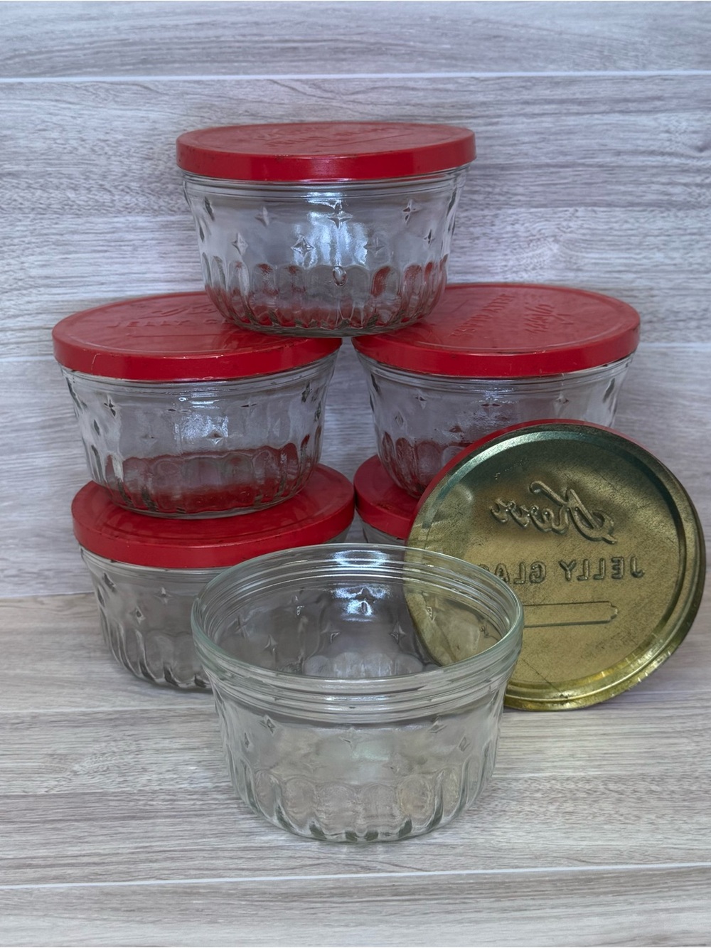 Vintage 1940’s -1950’s Kerr Ribbed Glass Jelly Jam Jars with Red Lids - Set of 6